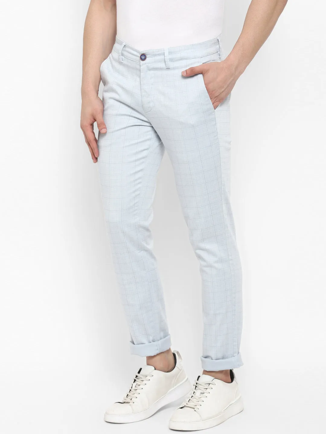 Cotton Stretch Sky Blue Checkered Narrow Fit Flat Front Casual Trouser