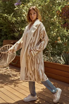 Cream-Tan Zebra Print Sherpa Long Coat Jacket