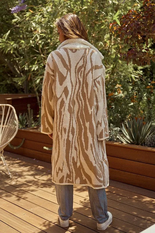 Cream-Tan Zebra Print Sherpa Long Coat Jacket