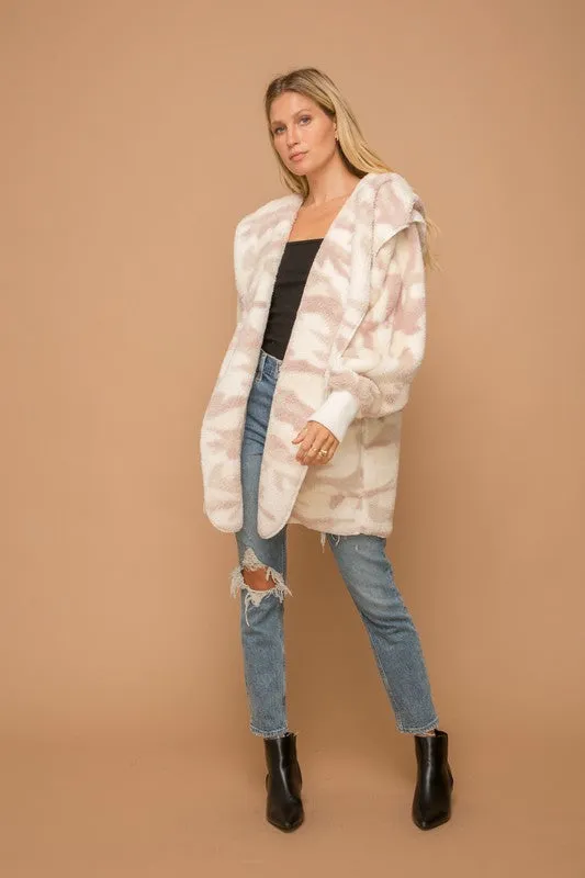 Cream/Dusty Mauve Camo Print Fur Open Jacket