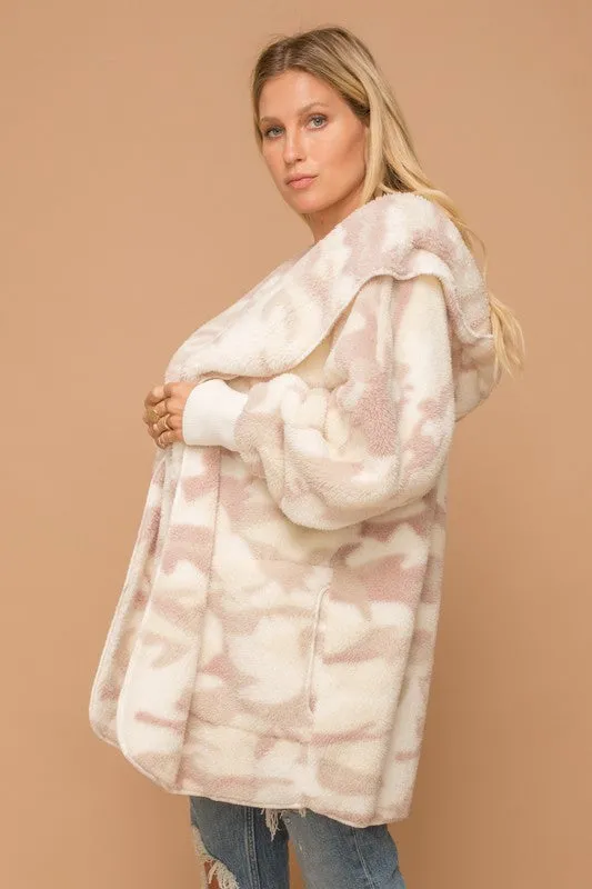 Cream/Dusty Mauve Camo Print Fur Open Jacket