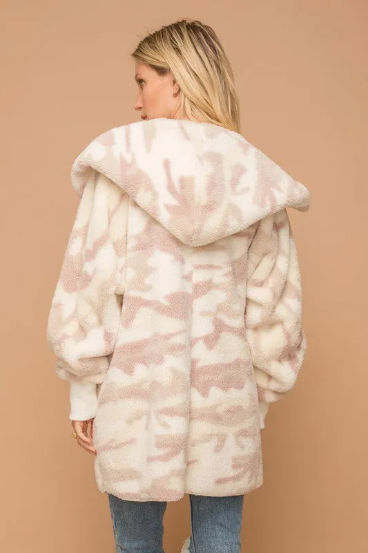 Cream/Dusty Mauve Camo Print Fur Open Jacket