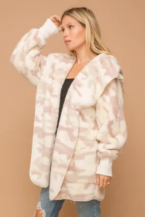 Cream/Dusty Mauve Camo Print Fur Open Jacket