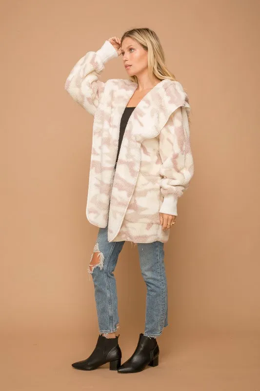 Cream/Dusty Mauve Camo Print Fur Open Jacket