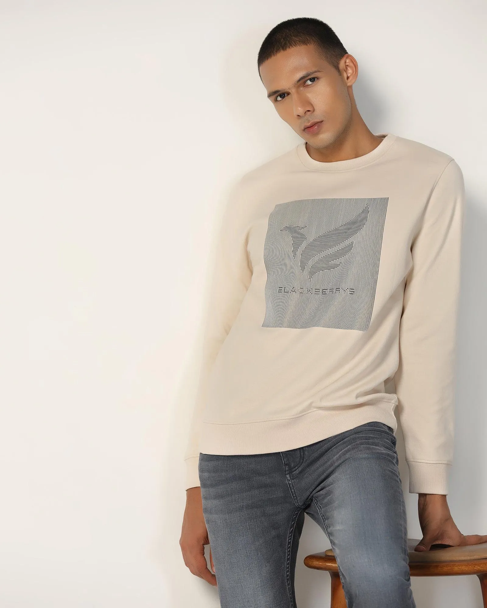 Crew Neck Beige Solid Sweatshirt - Stroke