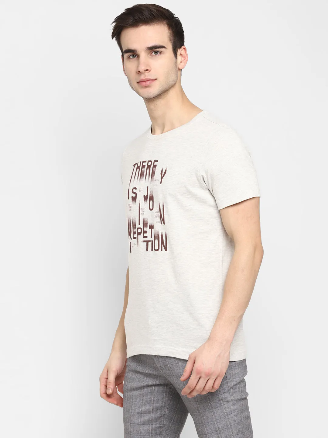 Crew Neck Chest Graphic Beige Men T-Shirt