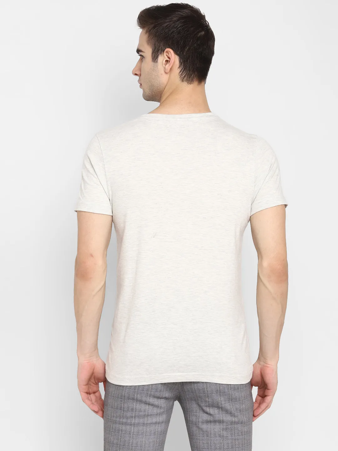 Crew Neck Chest Graphic Beige Men T-Shirt