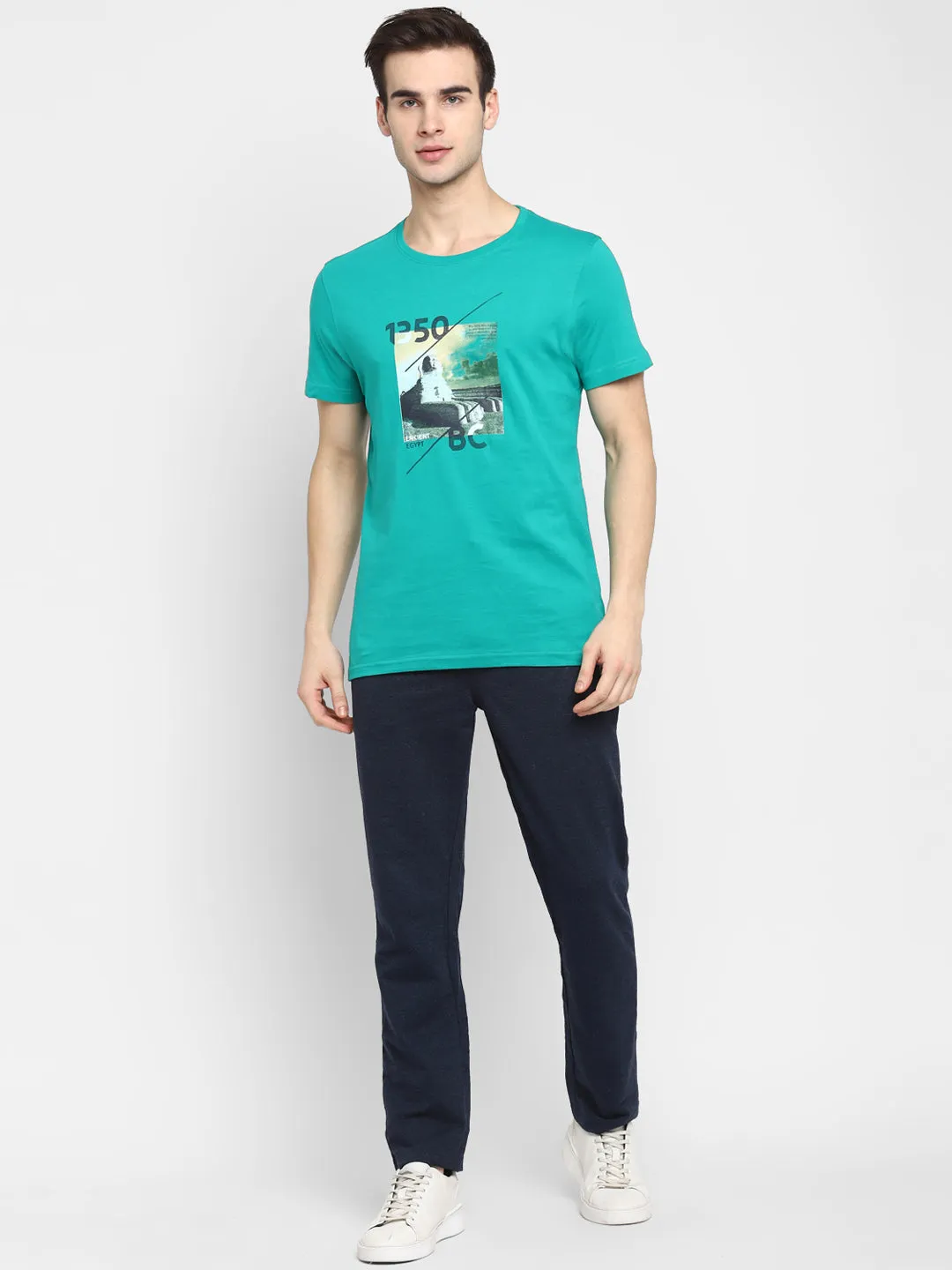 Crew Neck Chest Graphic Green Men T-Shirt