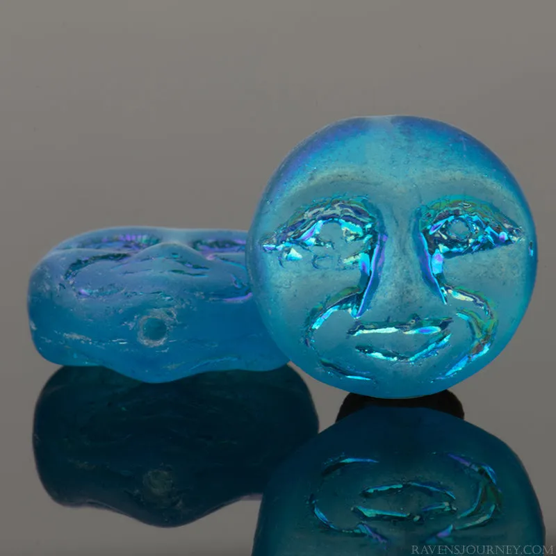 Czech glass, Moon Face (13mm) Vibrant Aqua Blue Transparent Matte with Aurora Borealis Half Coat Finish