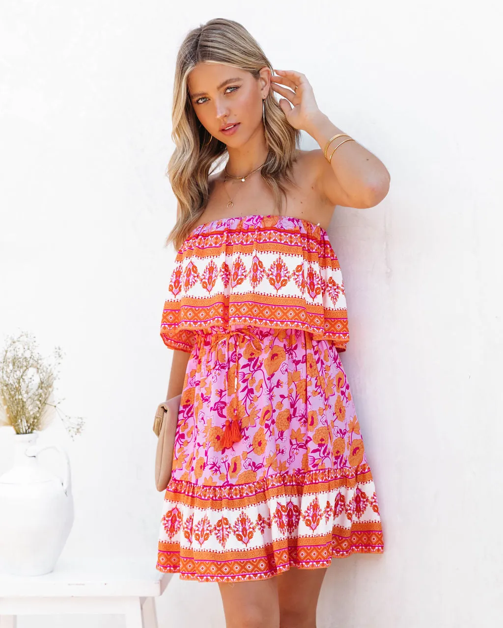 Daleyza Floral Strapless Mini Dress - Tangerine Fuchsia