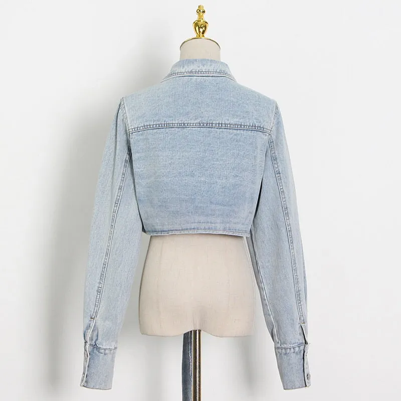 Denim Lace Up Bowknot Jacket For Women Lapel Long Sleeve Casual Short Jackets Female Fashion Clothes Style