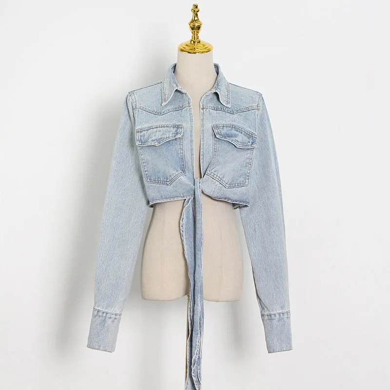 Denim Lace Up Bowknot Jacket For Women Lapel Long Sleeve Casual Short Jackets Female Fashion Clothes Style