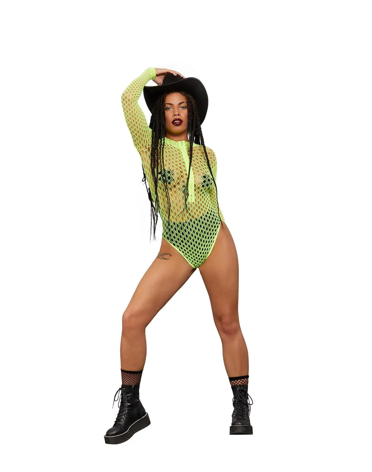 Fever Long Sleeve Zipped Bodysuit, Neon Yellow