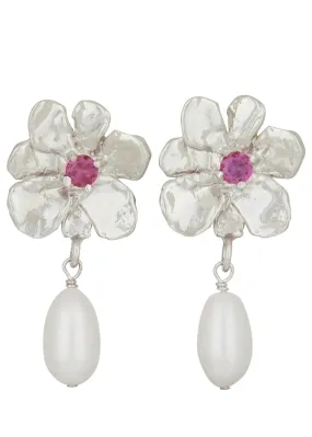 Flower Pearl Drop Earrings in Silver - Fuchsia