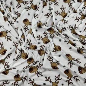 FS073_1 Christmas Rudolf Reindeer Spun Polyester Jersey Knit Stretch Fabric White