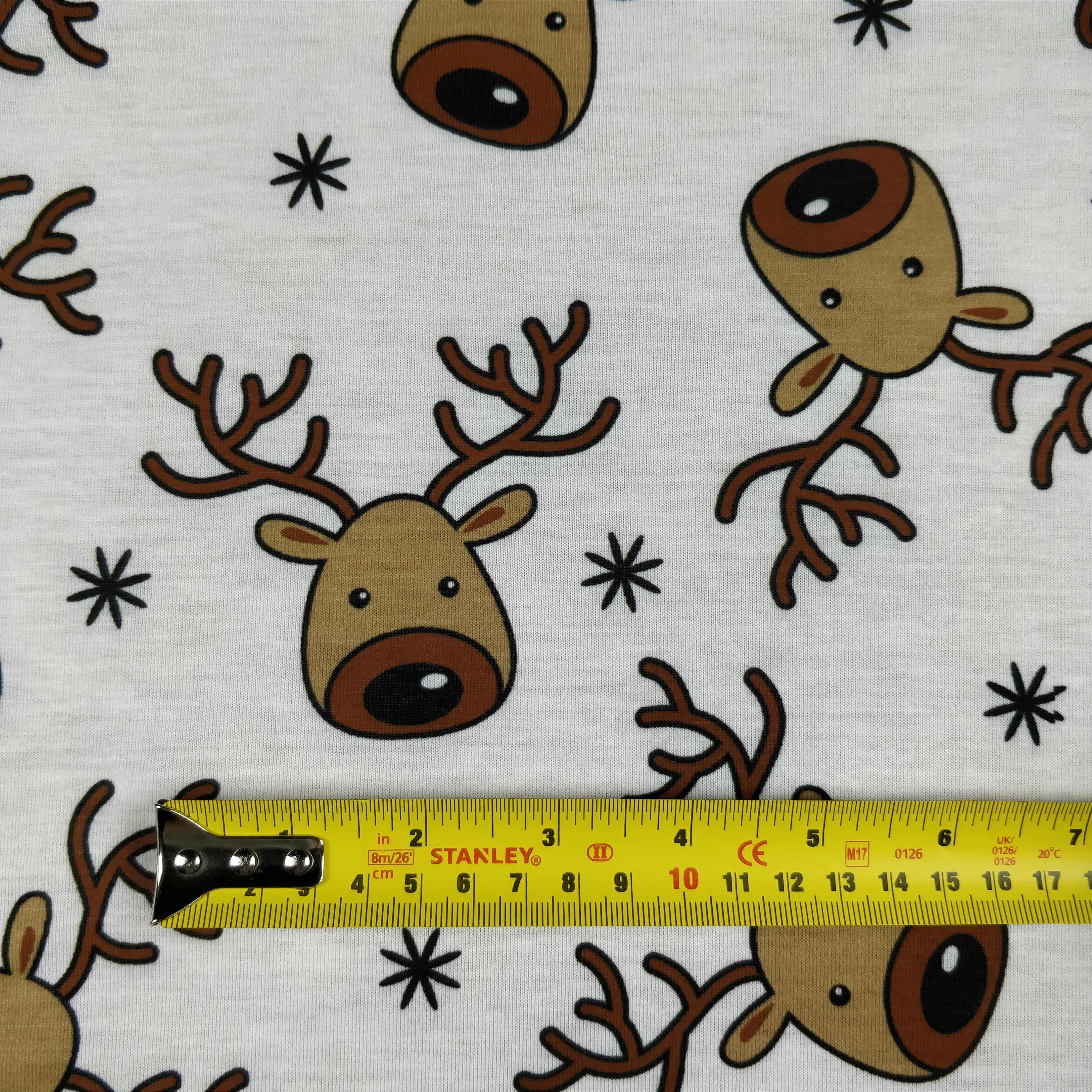 FS073_1 Christmas Rudolf Reindeer Spun Polyester Jersey Knit Stretch Fabric White