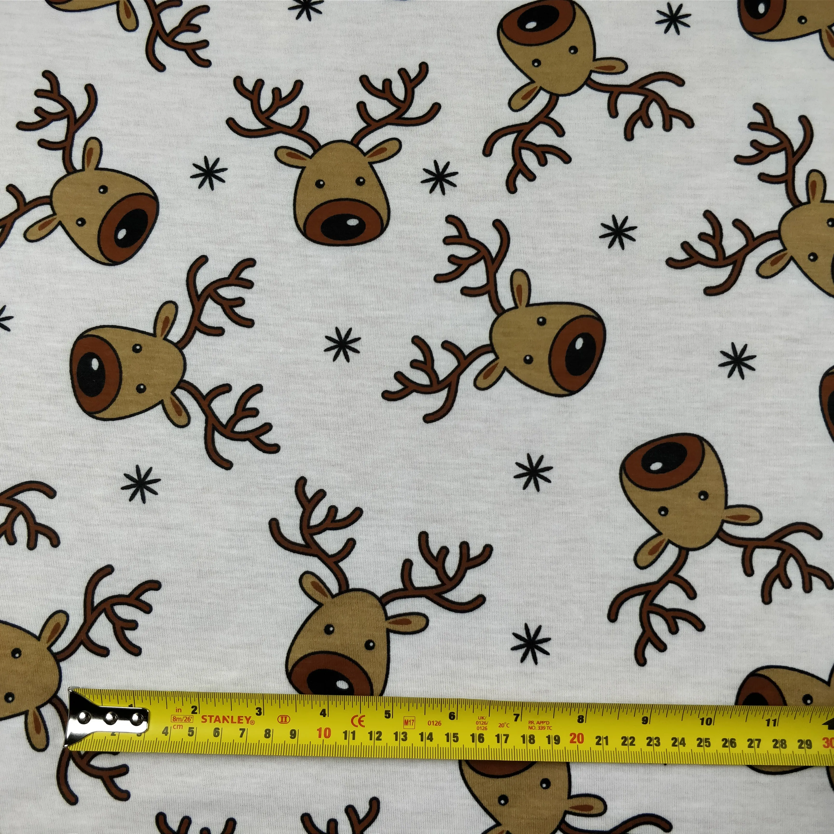 FS073_1 Christmas Rudolf Reindeer Spun Polyester Jersey Knit Stretch Fabric White