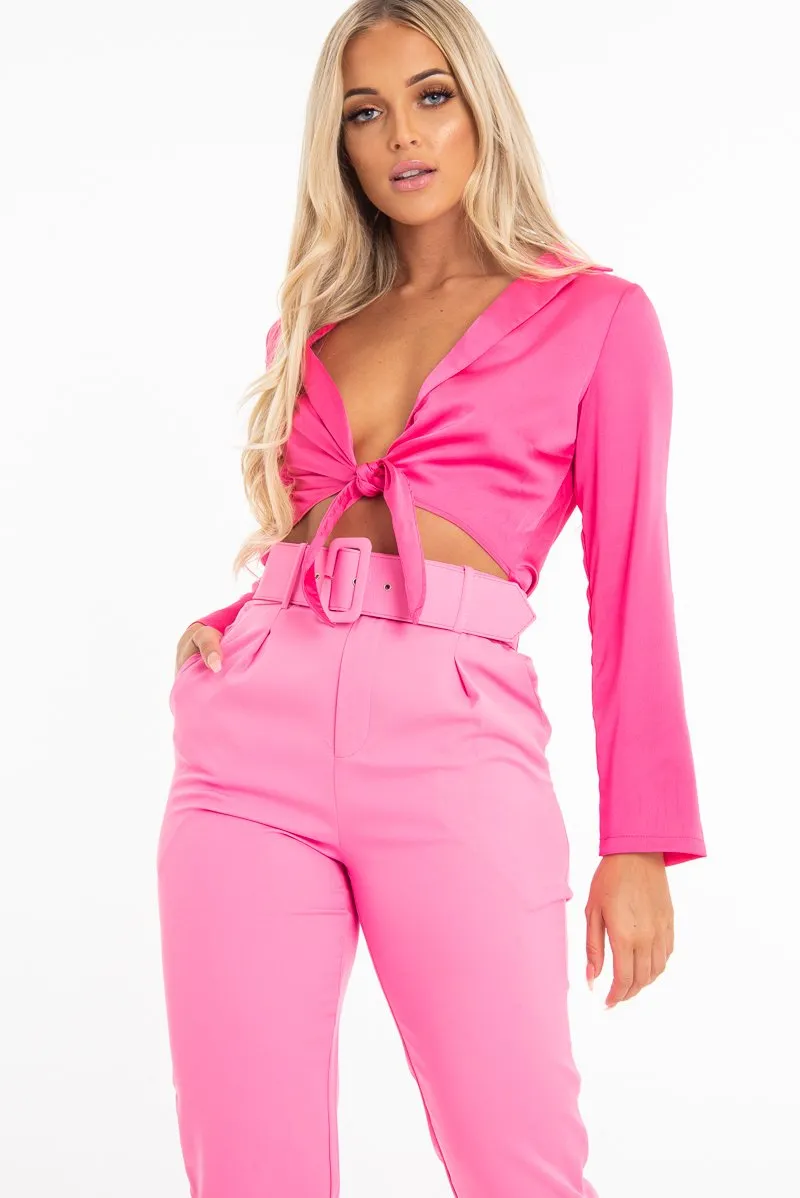 Fuchsia Satin Cut Out Tie Front Bodysuit - Ezabella