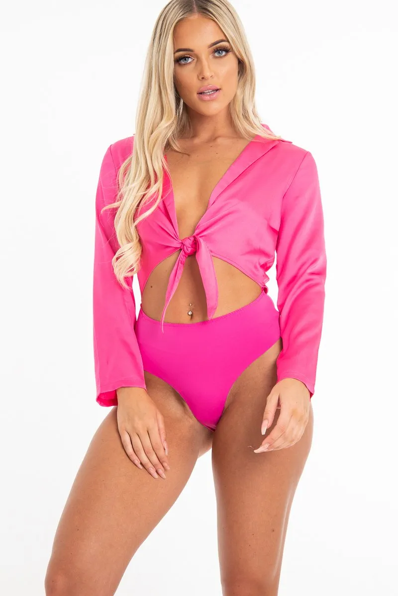 Fuchsia Satin Cut Out Tie Front Bodysuit - Ezabella