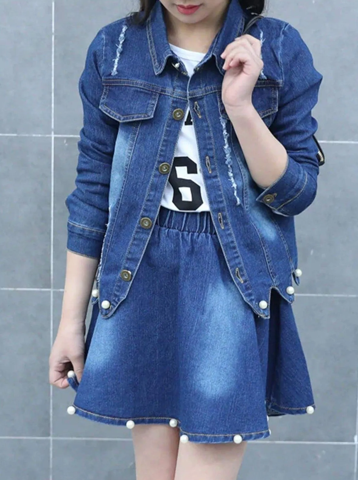 Girls Blue Denim Button Up Jacket & Matching Skirt Set