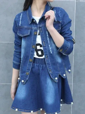 Girls Blue Denim Button Up Jacket & Matching Skirt Set