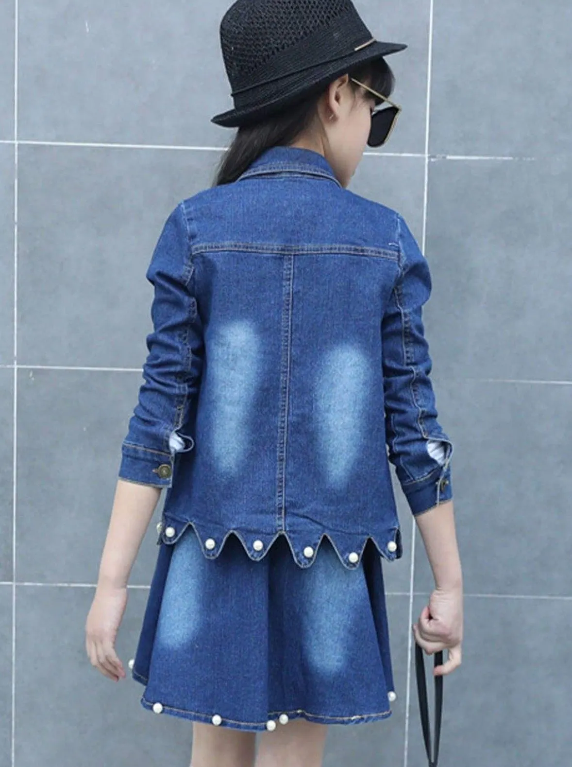 Girls Blue Denim Button Up Jacket & Matching Skirt Set