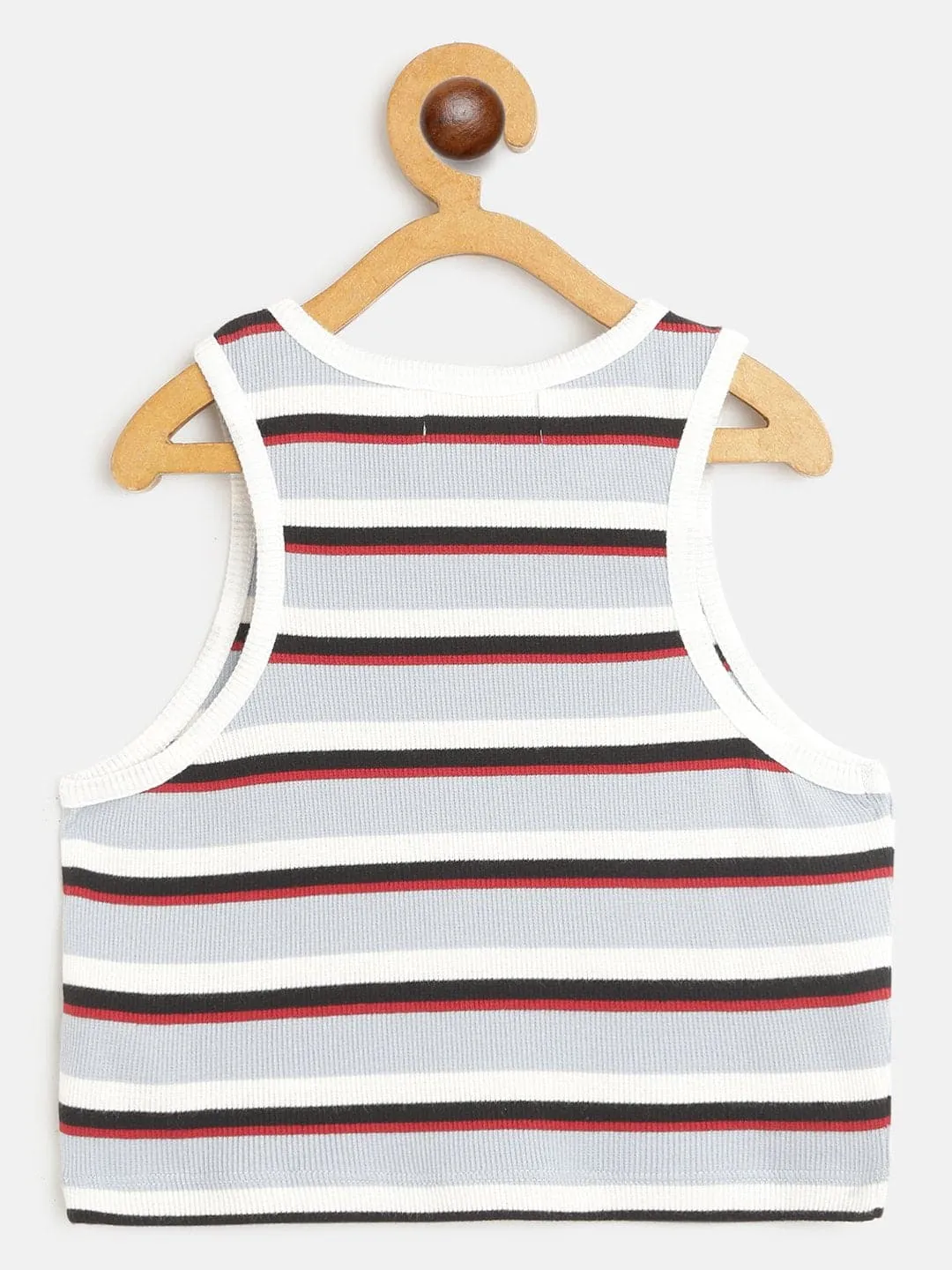 Girls Blue Multicolor Stripes Sleeveless Crop Rib Top