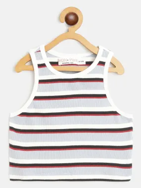 Girls Blue Multicolor Stripes Sleeveless Crop Rib Top