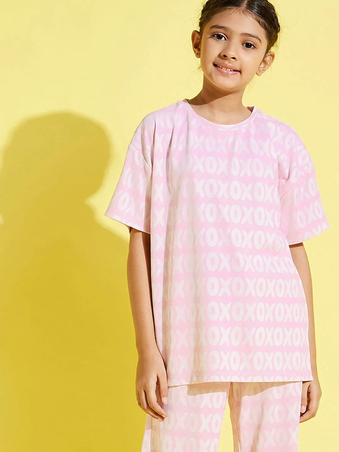 Girls Pink Xoxo Print Knit Drop Shoulder Top