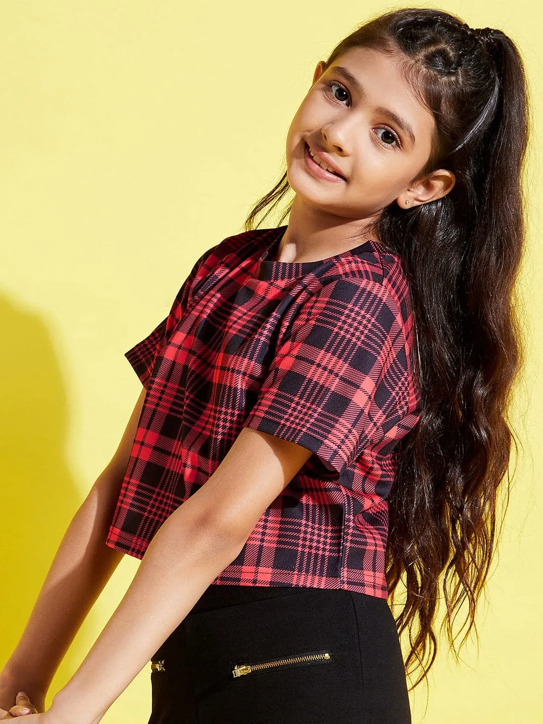 Girls Red & Black Check Print Crop Top