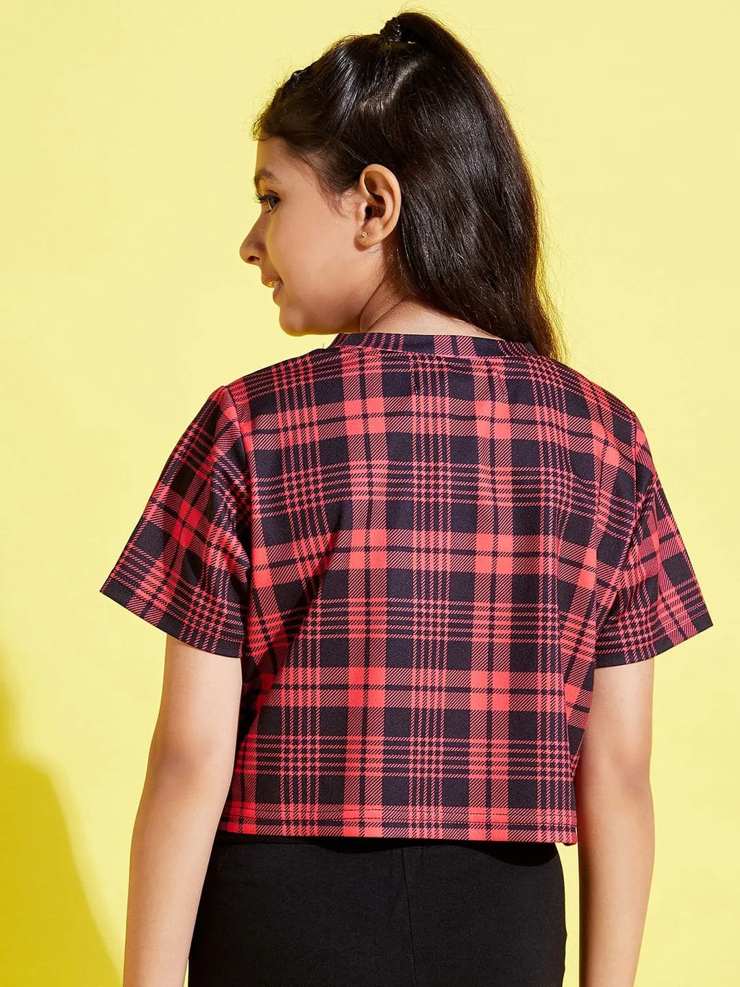 Girls Red & Black Check Print Crop Top