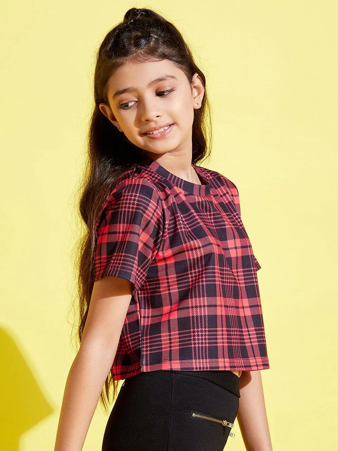 Girls Red & Black Check Print Crop Top