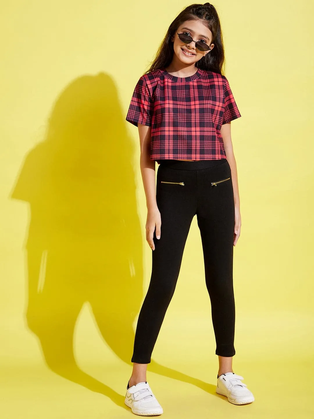 Girls Red & Black Check Print Crop Top