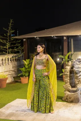 Green Choli, Shararas With Organza Cape