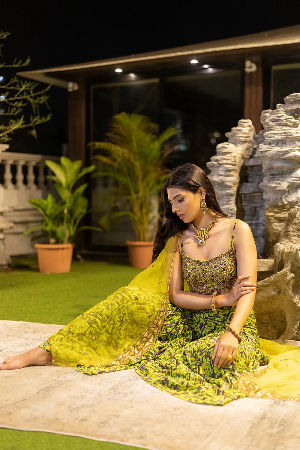 Green Choli, Shararas With Organza Cape