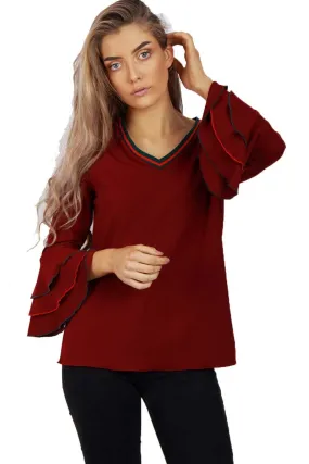 Green Red Stripe V Neck Knit Jumper with Ruffle Sleeves