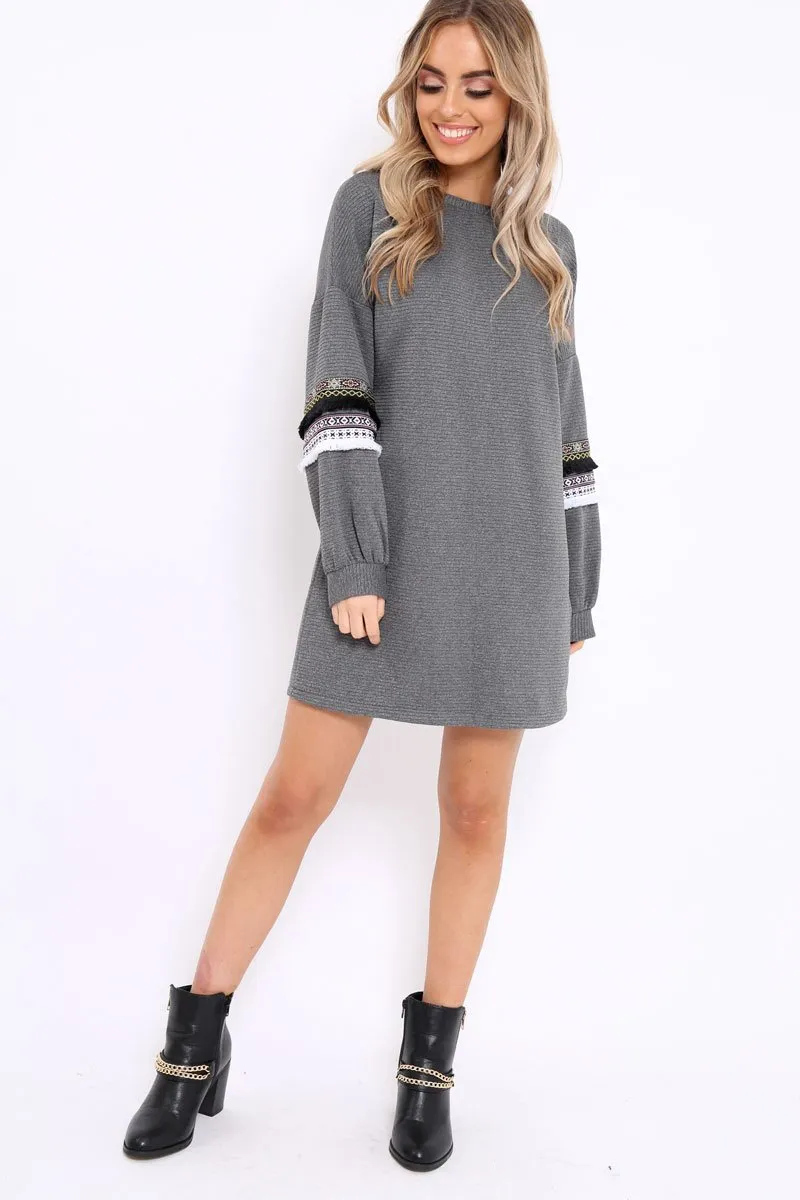 Grey Jumper Dress with Sleeve Trim Detail - Hermina