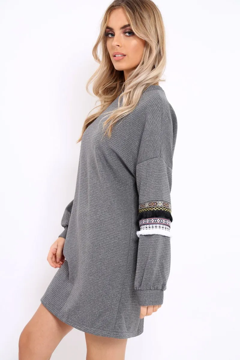 Grey Jumper Dress with Sleeve Trim Detail - Hermina