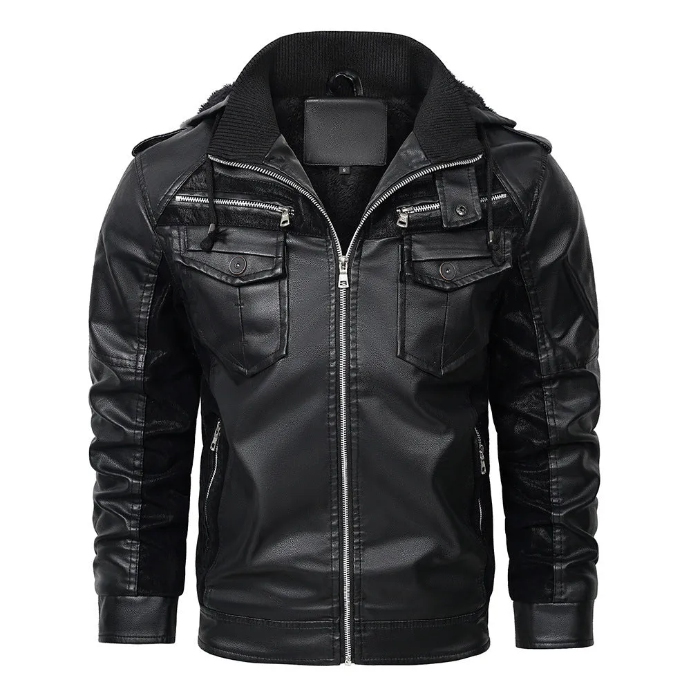 Hooded PU Leather Fleece Lined Male Trucker Jacket (Bronze/Black)