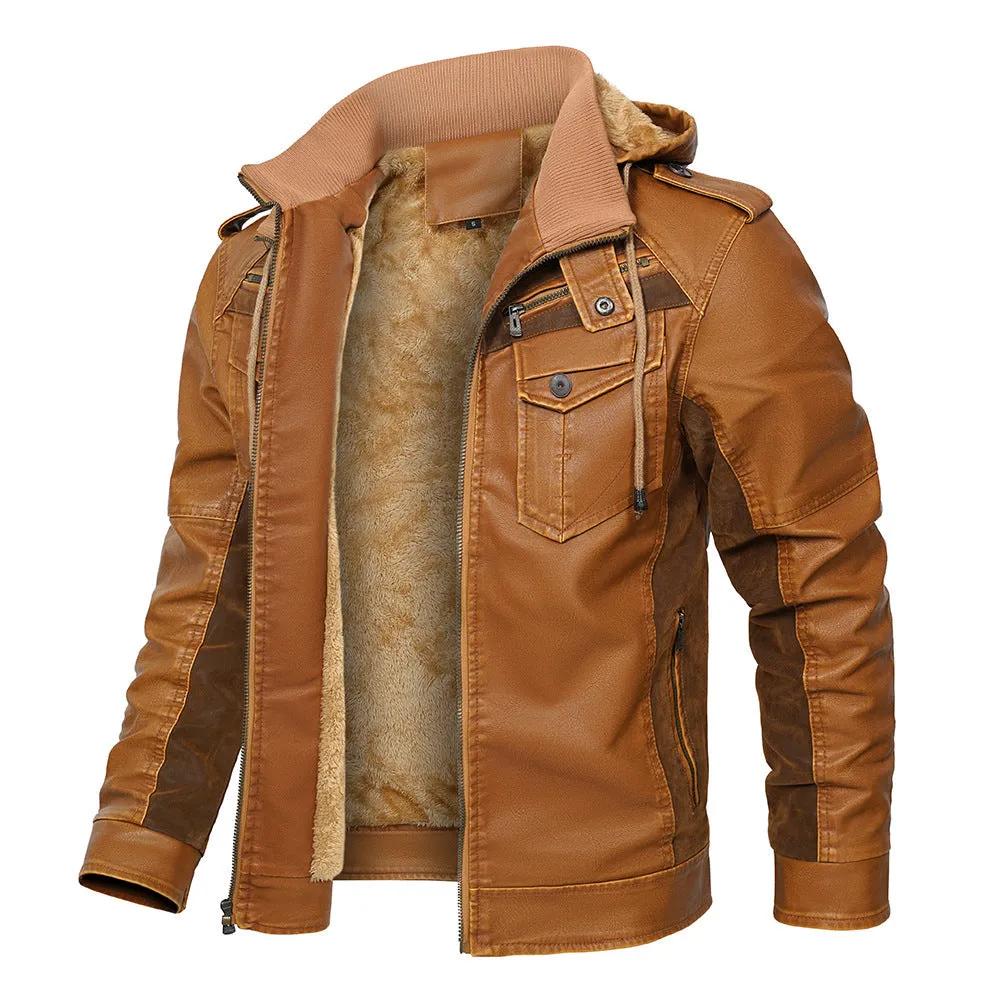 Hooded PU Leather Fleece Lined Male Trucker Jacket (Bronze/Black)