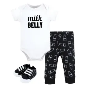 Hudson Baby Cotton Bodysuit, Pant and Shoe Set, Modern Milk Belly