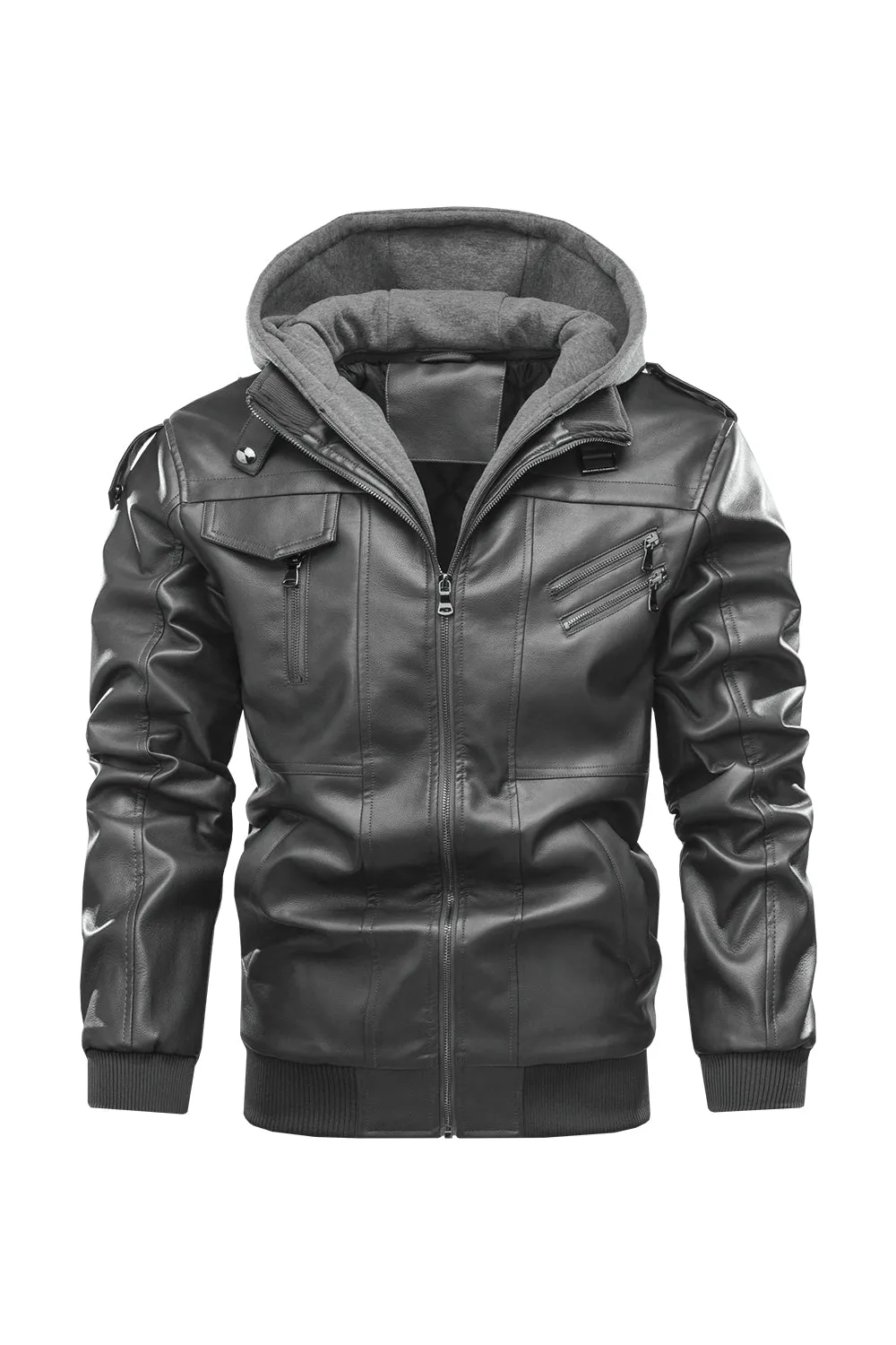 Ilooove - Men's Bomber Zipper Leather Removable Hooded  Bomber Faux Leather Jacket  Utility Motorcycle Outdoor Work Warm Winter Coat