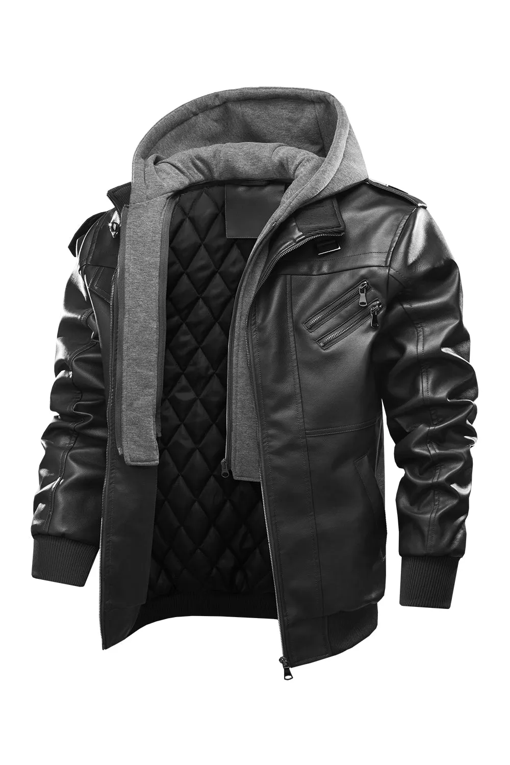 Ilooove - Men's Bomber Zipper Leather Removable Hooded  Bomber Faux Leather Jacket  Utility Motorcycle Outdoor Work Warm Winter Coat