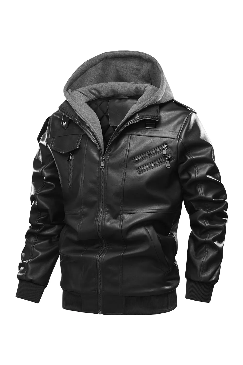 Ilooove - Men's Bomber Zipper Leather Removable Hooded  Bomber Faux Leather Jacket  Utility Motorcycle Outdoor Work Warm Winter Coat