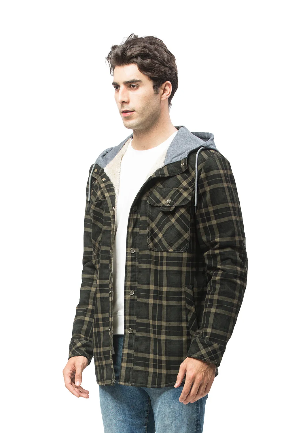 Ilooove - Men's Hooded Plaid Coat Jacket Green Plaid Quilted Sleeves Jacket  Men's Coat Fleece Lined Plush Large Winter Warm Cotton Jacket