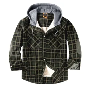 Ilooove - Men's Hooded Plaid Coat Jacket Green Plaid Quilted Sleeves Jacket  Men's Coat Fleece Lined Plush Large Winter Warm Cotton Jacket