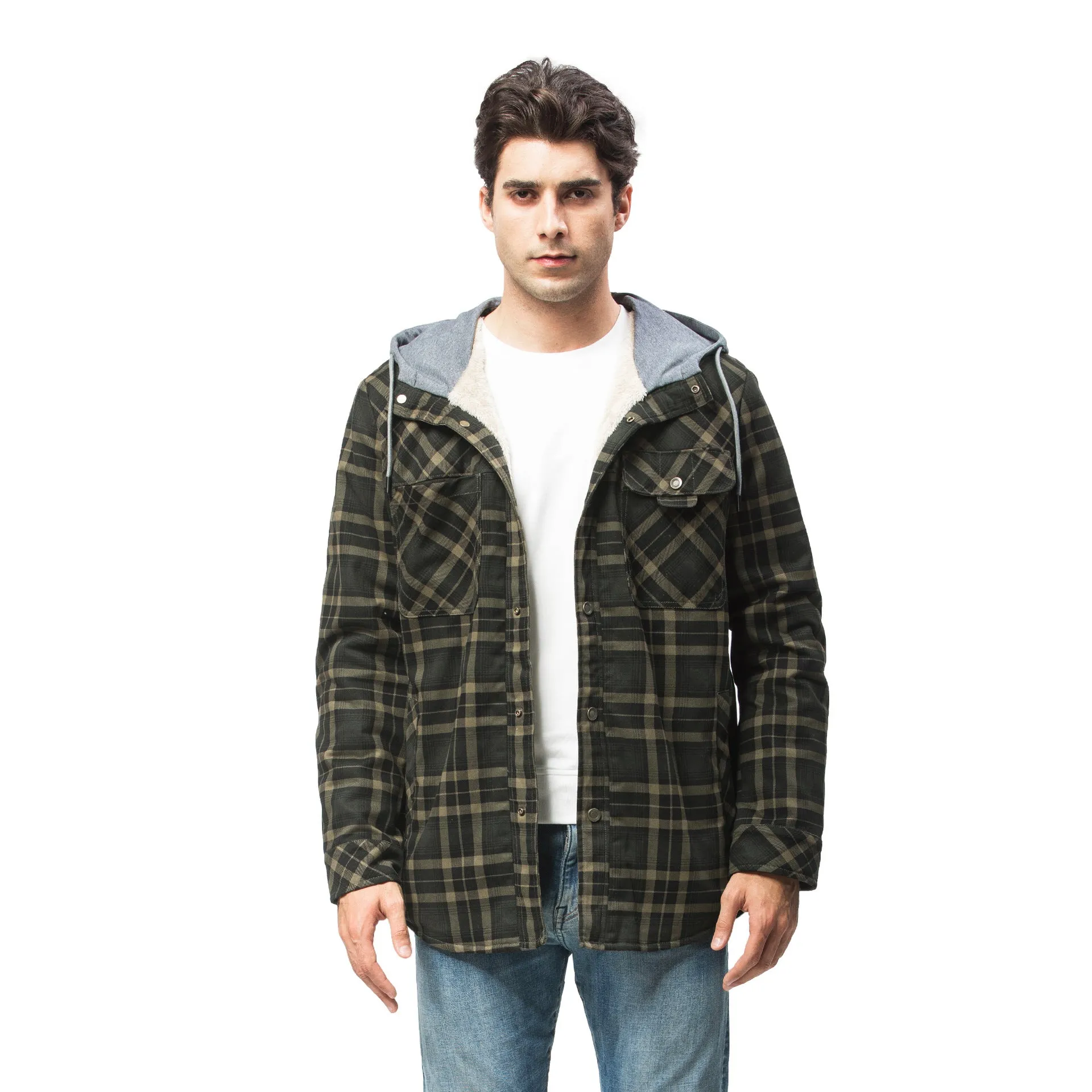 Ilooove - Men's Hooded Plaid Coat Jacket Green Plaid Quilted Sleeves Jacket  Men's Coat Fleece Lined Plush Large Winter Warm Cotton Jacket