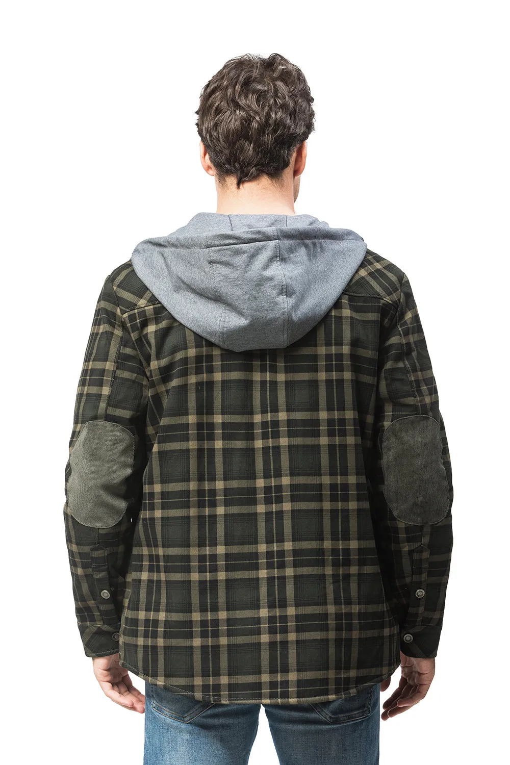 Ilooove - Men's Hooded Plaid Coat Jacket Green Plaid Quilted Sleeves Jacket  Men's Coat Fleece Lined Plush Large Winter Warm Cotton Jacket