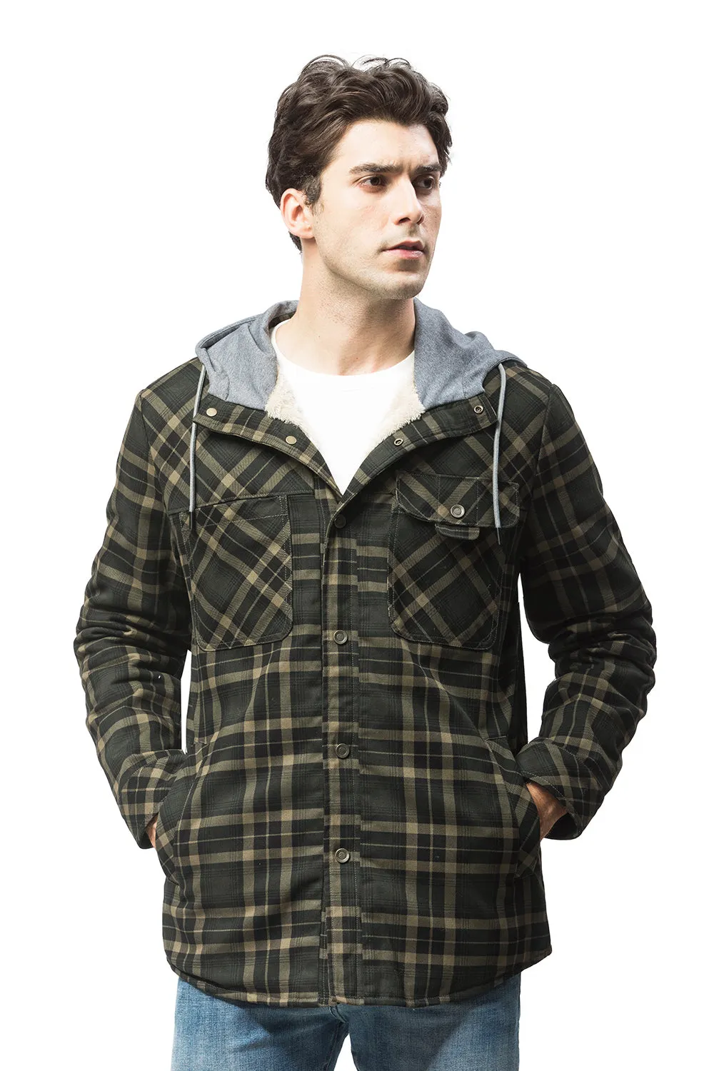 Ilooove - Men's Hooded Plaid Coat Jacket Green Plaid Quilted Sleeves Jacket  Men's Coat Fleece Lined Plush Large Winter Warm Cotton Jacket