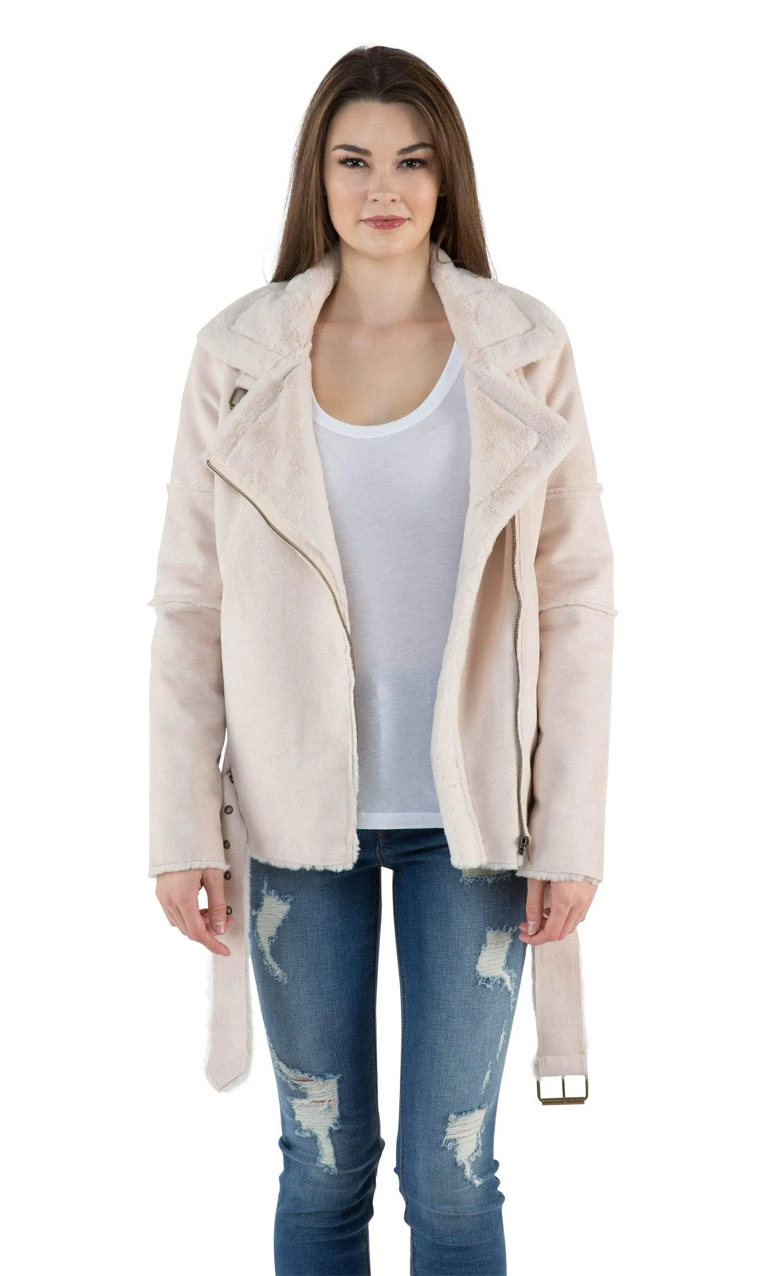 J.O.A. Faux Sherpa Lined Faux Suede Aviator Jacket